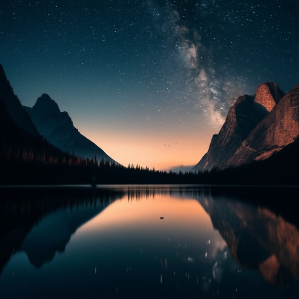 Peaceful mountain lake at night